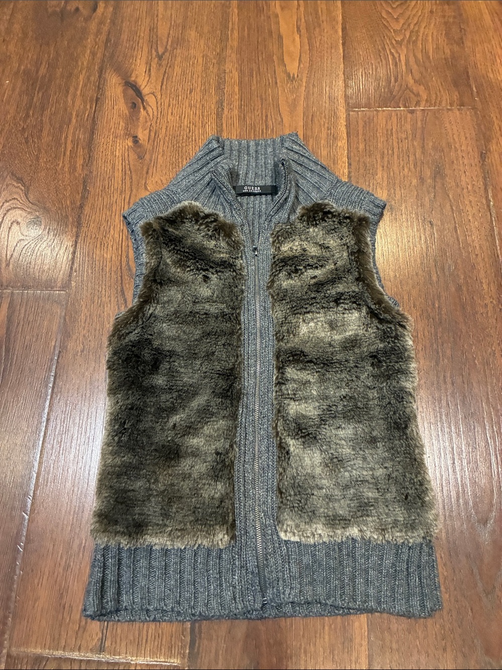 Guess by Marciano Gray Knit Vest with Brown Faux Fur Front